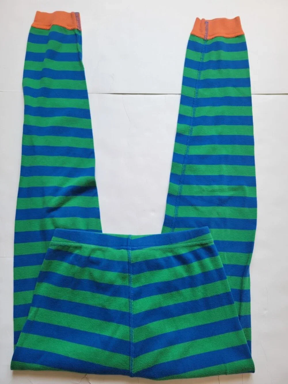Hanna Andersson striped long john pajama pants blue and green with orange cuffs